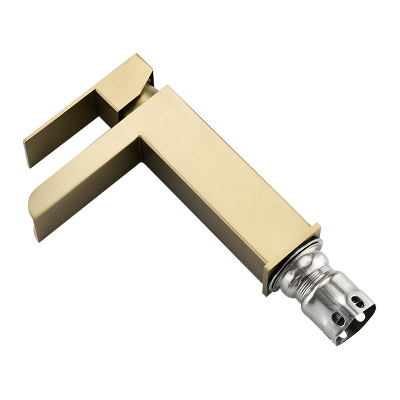 Brushed Gold Waterfall Bathroom Faucet - Single Handle Deck Mounted. For Sinks. Stainless Steel. Pop Up Drain & Overflow. Controlled Water Flow. 1.2 Gpm. 9/16 In. . Size. 5.9 Spout Ht. 3.74 Reach.