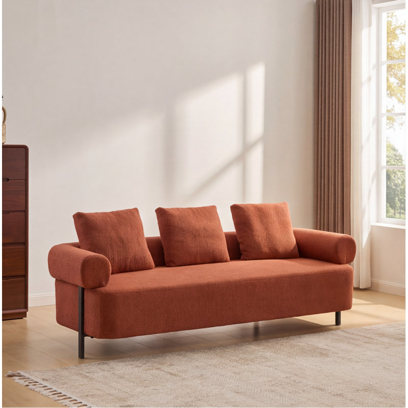 Canapé moderne 78 pouces 3 places, revêtement orange Boucle, canapé surdimensionné avec 3 coussins moelleux, structure en bois massif et pieds en acier pour le salon, la chambre à coucher, l’appartement