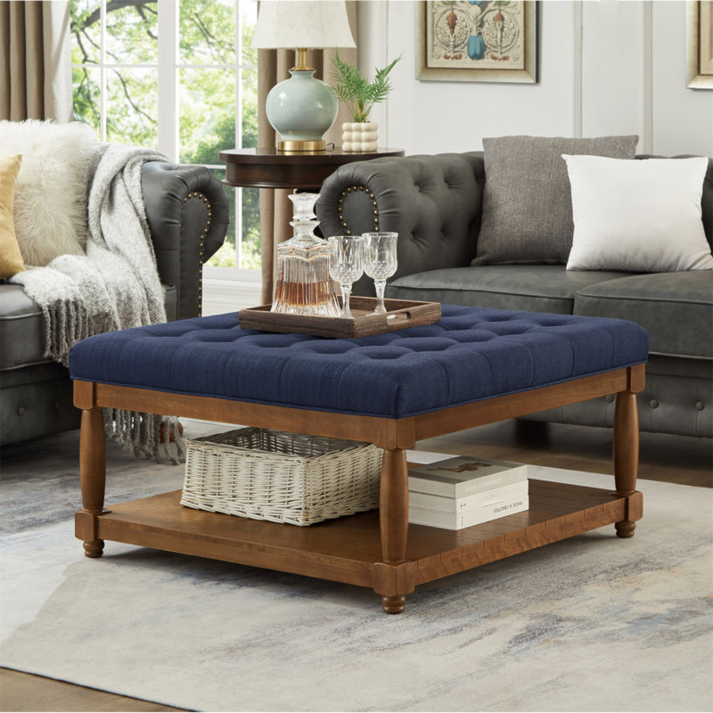 Grande table basse carrée avec repose-pieds en lin capitonné et grand repose-pieds avec tablette en bois massif, Brown, Blue