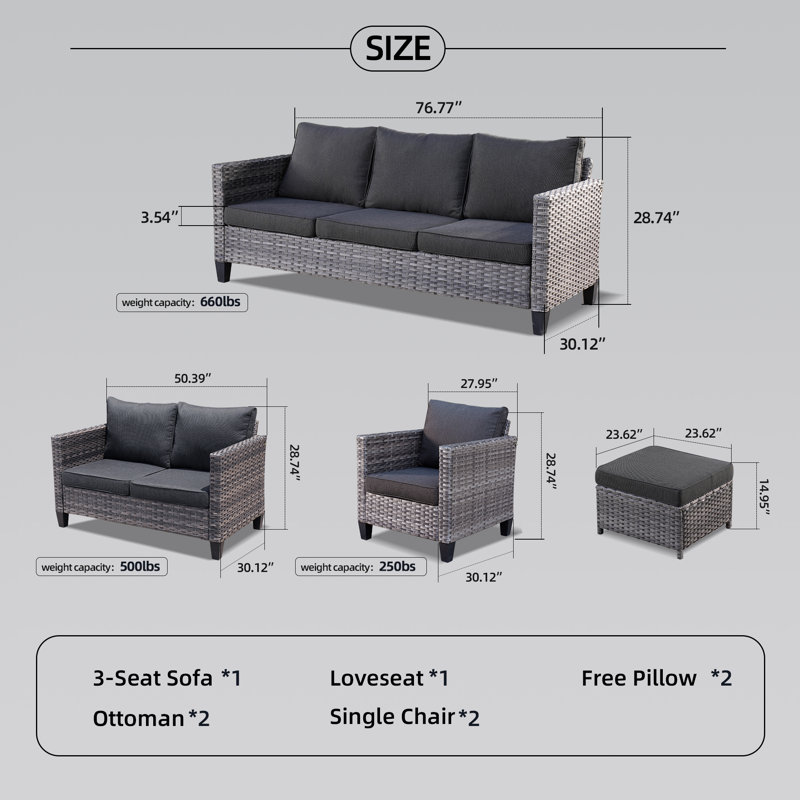 Premium All-Weather Wicker 7 - Person Patio Conversation Set with Cushions, Black