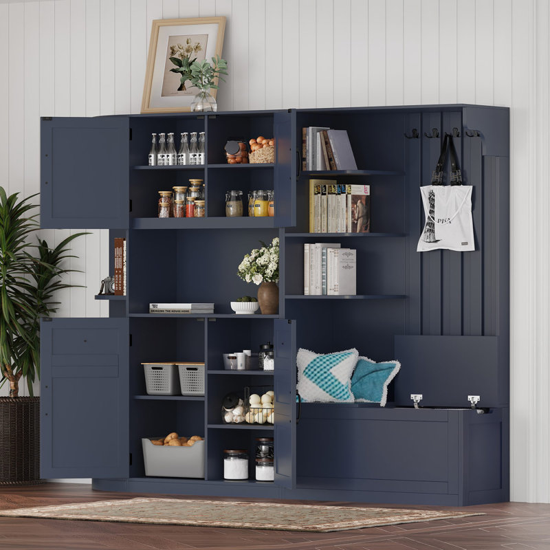 Allen Hall Tree with Storage Cabinet & 4 Hooks, Antique Blue
