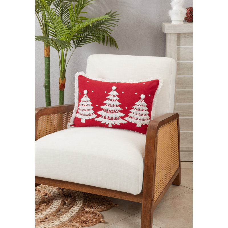 Red Cotton Fringed Christmas Trees Throw Pillow Cover, 14"x20"