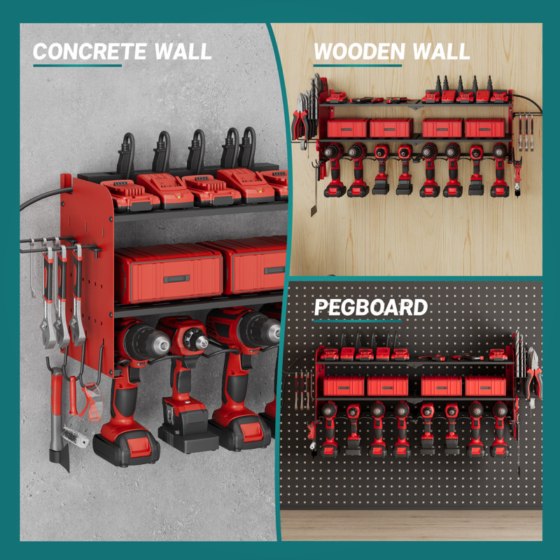 Power Tool Organizer with Charging Station Garage 8 Drill Holders Wall Mount with 8 Outlets, Red
