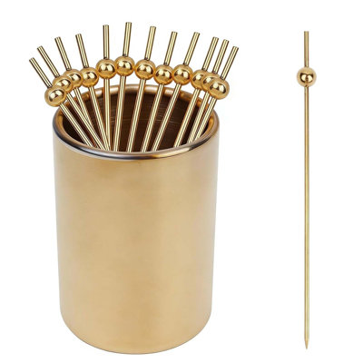  4.3" Metal Cocktail Picks 12Pack+Holder Kit,Premium 304 Stainless Steel Reusable Appetizer Skewers Set For Sandwiches, Bbq Snacks, Cocktails-Pearl Golden