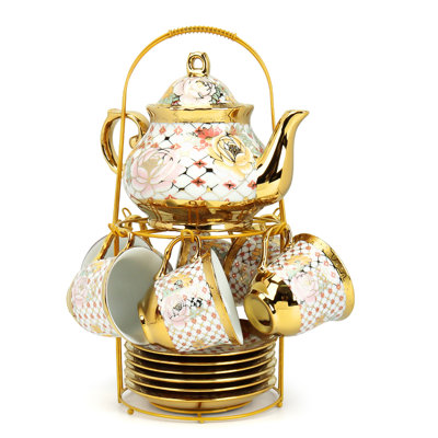 Vintage European Floral Glazed Ceramic Tea Set, 23 oz Teapot, 5.4 oz Cups(Gold)
