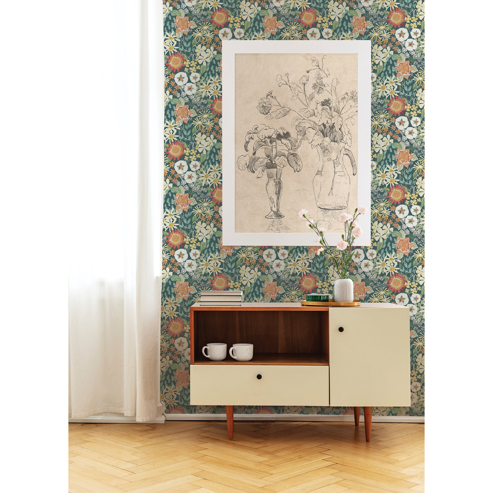 Anika Flowers Wallpaper, Teal
