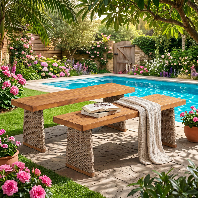 Ensemble de 2 bancs de patio en bois d'acacia massif l 57 po x P 14,5 po x H 18 po Christopher Knight Home