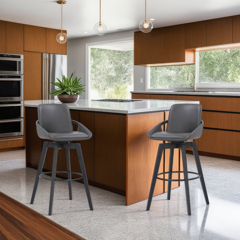 Allyssa Swivel Counter or Bar Height Bar Stool with Arms and Footrest in Faux Leather and Wood, Black, Grey Faux Leather