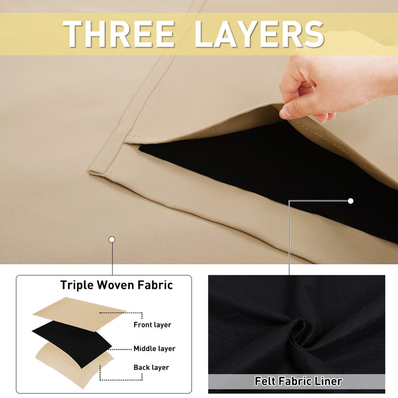 100% Full Blackout Curtains 3 Layers Soundproof Grommet Thermal Insulated Drapes for Bedroom, 2 Panels, Beige, 52" W x 63" L