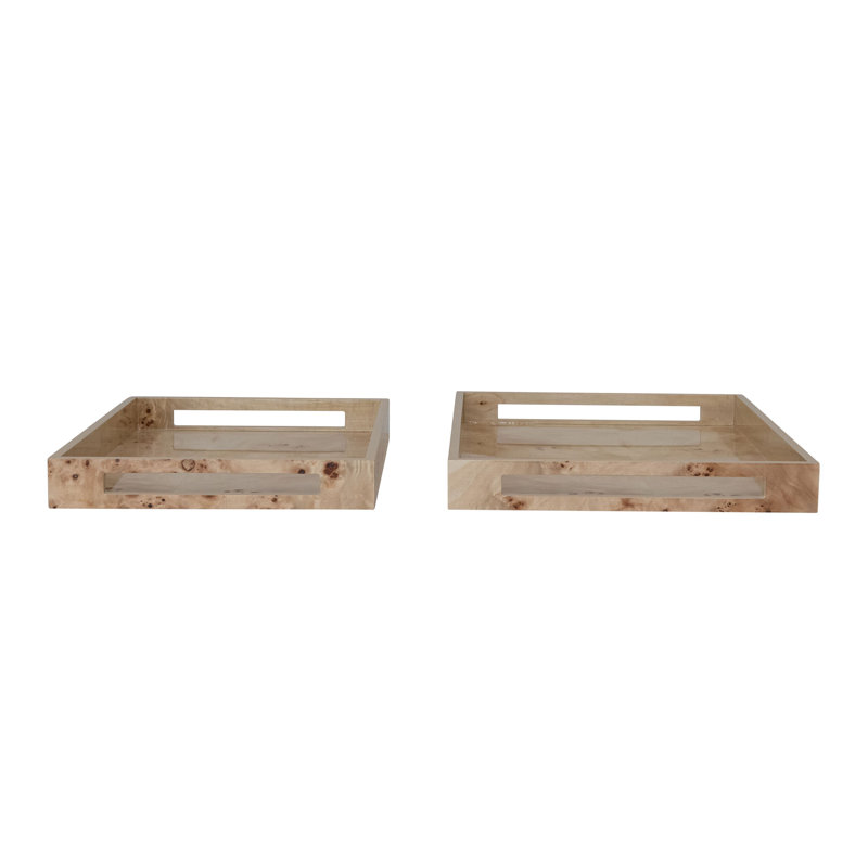2-Piece Burl Wood Veneer Tray Set with Handles