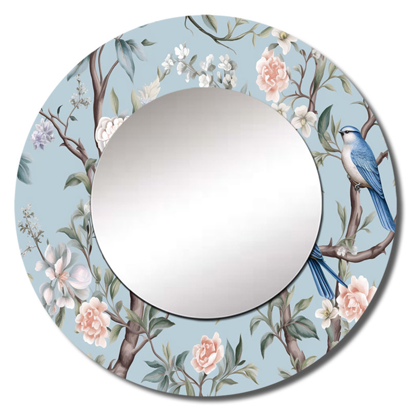 Semon chinoiserie avec oiseaux et pivoines - grand miroir floral, décor de miroir mural rond traditionnel traditionnel, impression d'art en métal