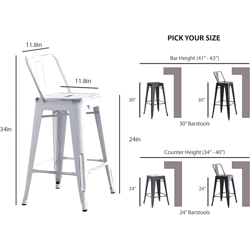 Tabourets de bar en métal avec dossier à seau et 4 pieds, tabourets de bar (ensemble de 2), Blanc