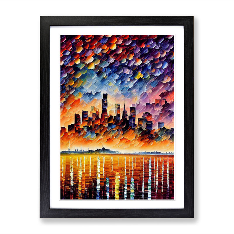 City Skyline At Sunset No.6 - Single Picture Frame Painting, 64cm H x 46cm W x 2cm D, Black