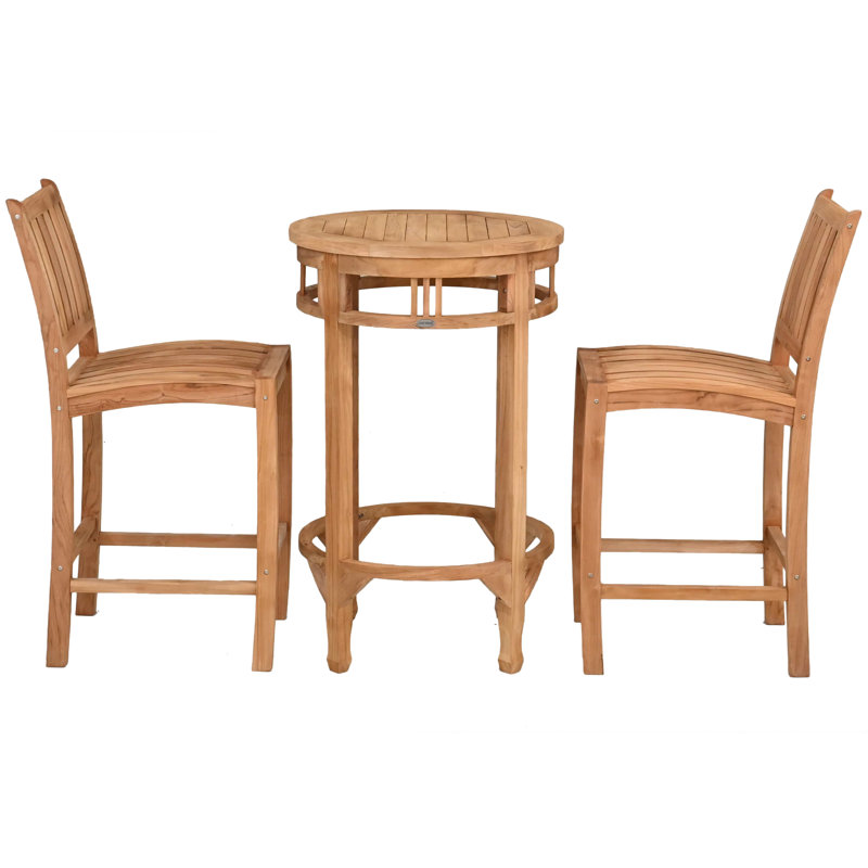 Teak Wood Bistro Bar Set Including Round Orleans Bar Table And Abacho Barstools, 43" H x 27" L x 27" W, 2