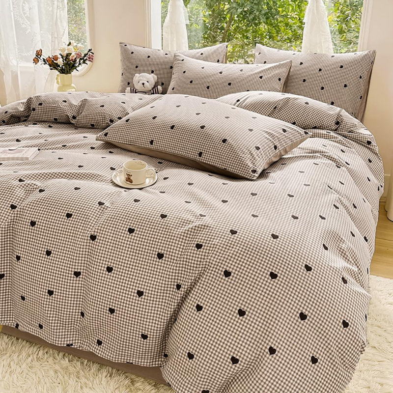 Ensemble d'édredon brun avec grille de café Love Heart, Édredon double + 2 taies d'oreiller standard, Brown