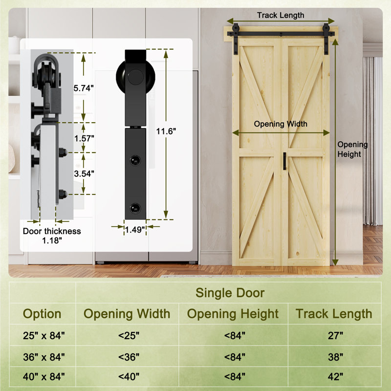 Porte de grange pliante en K en pin non fini avec trousse de quincaillerie d'installation, 40 po x 84 po