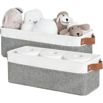 Paniers de rangement étroits, petits paniers, gris et blanc, paquet de 2 avec structure en métal, structure robuste, poignées en polyuréthane, rangement pour papier hygiénique, bacs de rangement longs
