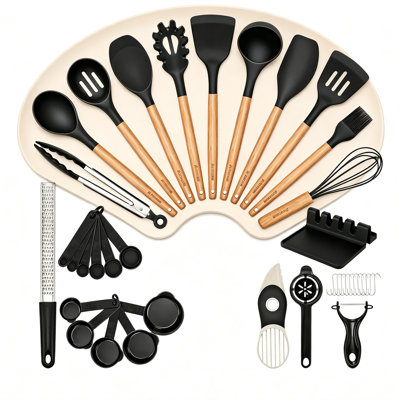 Ensemble de 39 ustensiles de cuisine, ensemble de cuillères en silicone sans BPA avec poignée en bois, ensemble d'outils de cuisine résistant à la chaleur pour casseroles et poêles antiadhésives 446 ° F