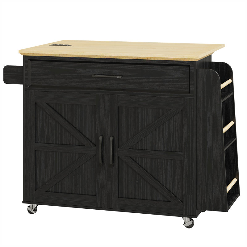 35.4" W Rolling Kitchen Island Table With Drop Leaf, On Wheels, Storage Cabinet, Drawer, Spice Towel Rack, White, Black