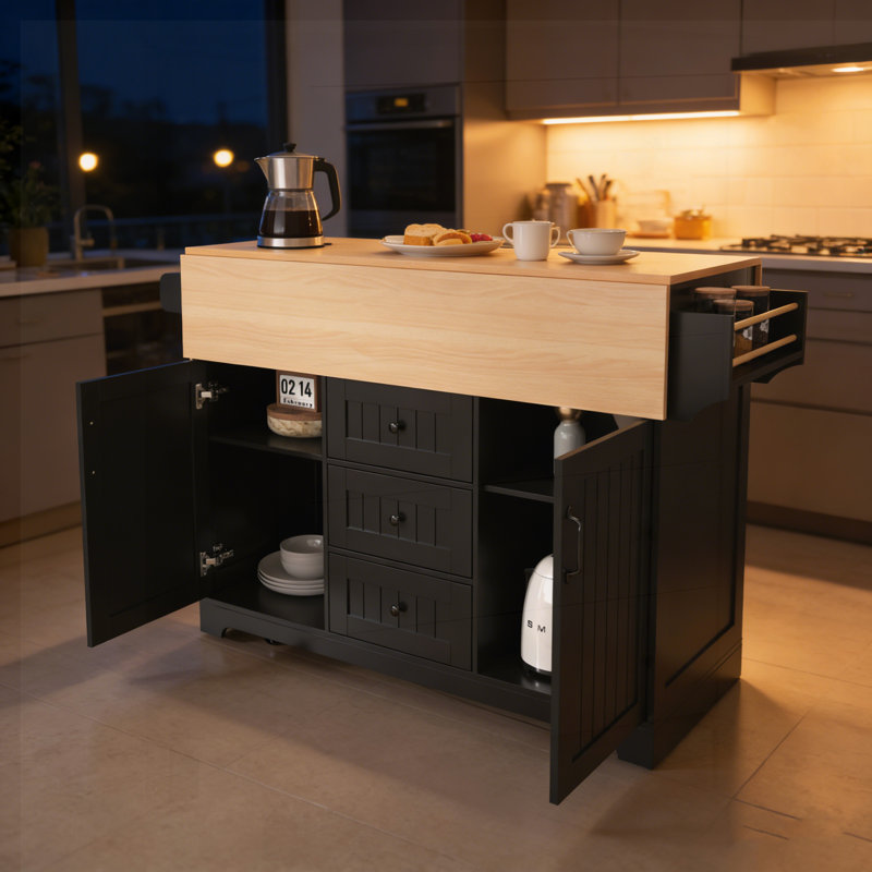 55.7'' Multifunctional Kitchen Island with Dual Drop Leaf, Power Outlet, and Ample Storage for Dining, Cooking, or Work