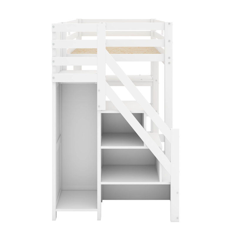 Lit mezzanine simple avec tablettes, garde-robe et lumière DEL blanche
