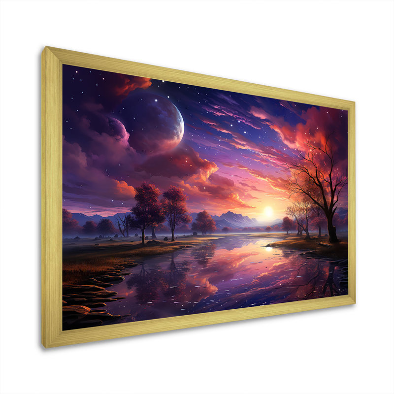 «Pink Moon Sunrise Space Landscape I», art mural abstrait, Cadre doré à coins fermés, H 24 po x l 32 po x P 1 po