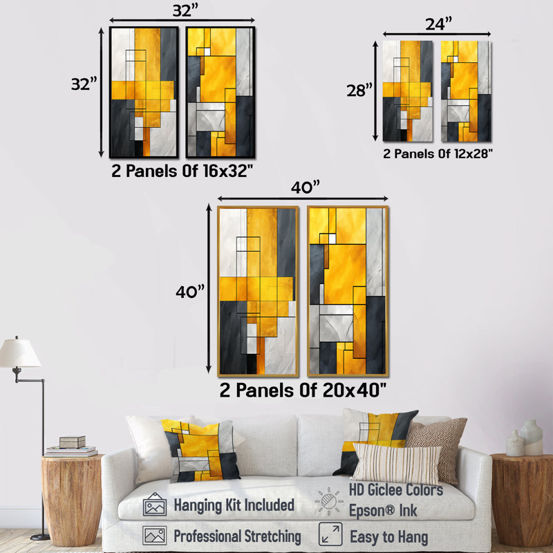 Fusion géométrique jaune et gris IV - ensemble de 2 reproductions de toiles géométriques abstraites, H 28 po x l 25 po