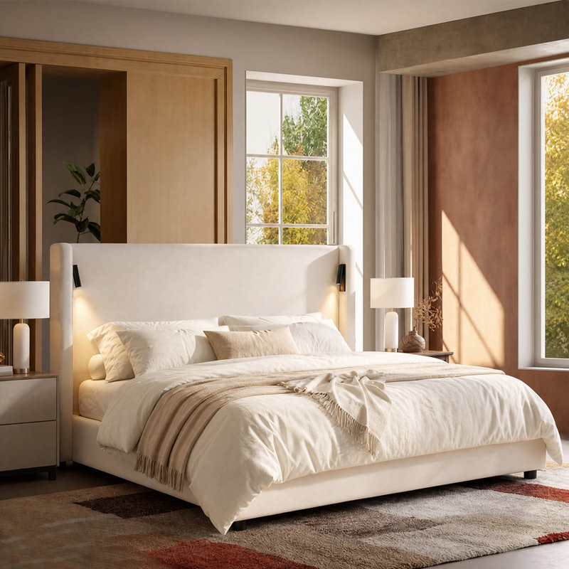 Très grande base de lit tapissier avec tête de lit à oreilles haute, lampe de lecture et port USB, beige, Très grand lit