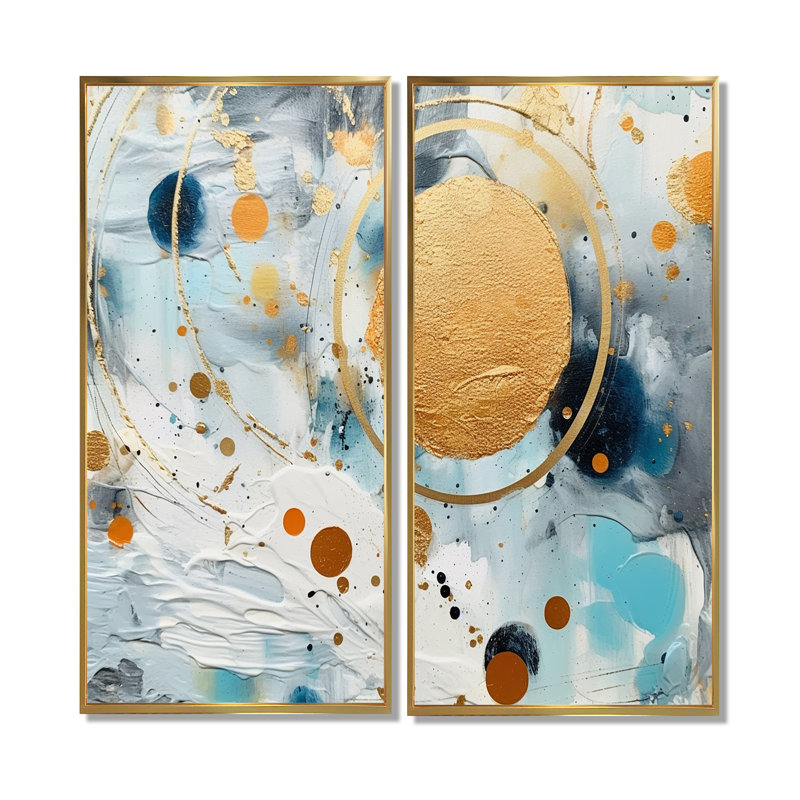 Teal White And Gold Abstract Fight - Abstract Shapes Canvas Wall Art, 32" H x 32" W, Floater Framed Print, Gold