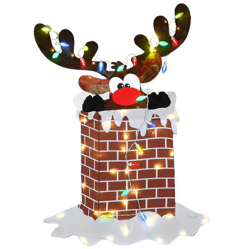 47-Inch Multicolored LED Reindeer in Brick Chimney Christmas Decoration