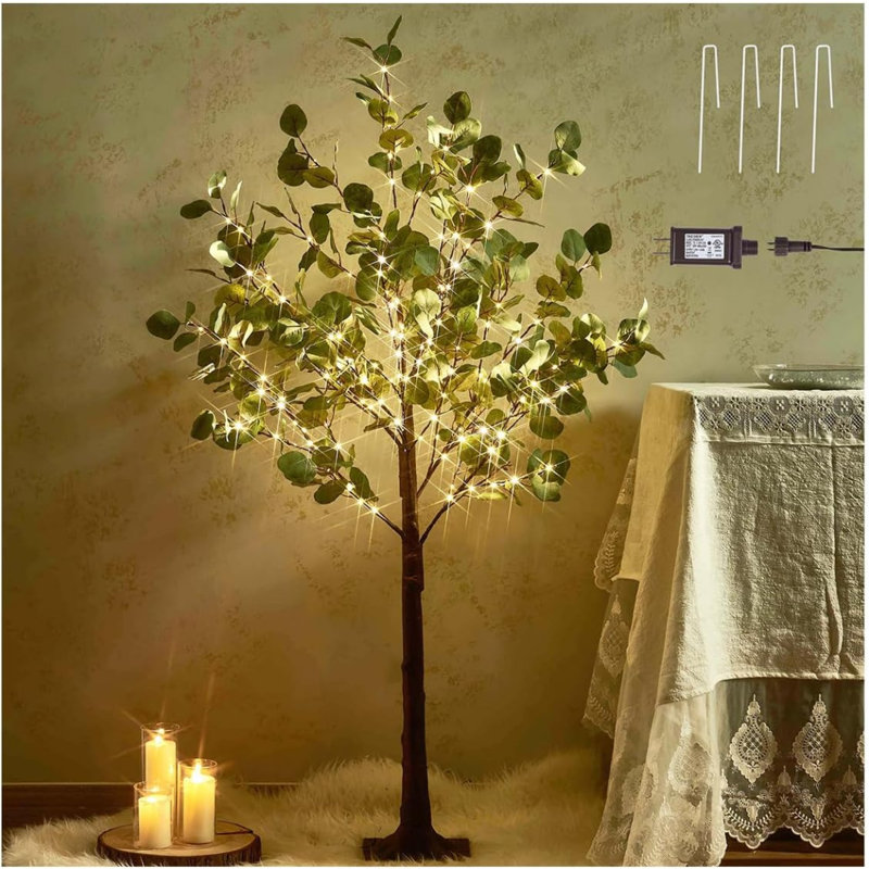 Lighted Eucalyptus Tree Plug In 4FT 160 Warm White LED Artificial Greenery Tree With Lights