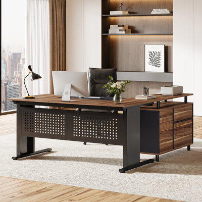 63-Inch Executive Office Desk with File Cabinet, Large Computer Desk Home Office Desk with Drawers and Storage Shelves