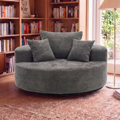 Oversized Round Swivel Chair, 360° Rotating Chenille Cotton Blend Chair, High-Density Foam Cushion, Comfy Modern Accent Chair for Living Room, Bedroom, Reading Nook, Apartment & Office