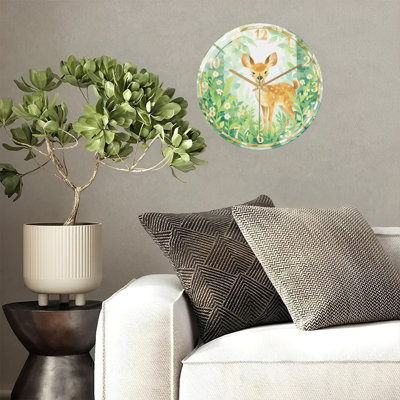 Cute Fawn Forest Wall Clock Home Decor Art - 12'' Modern Glass Wall Clock