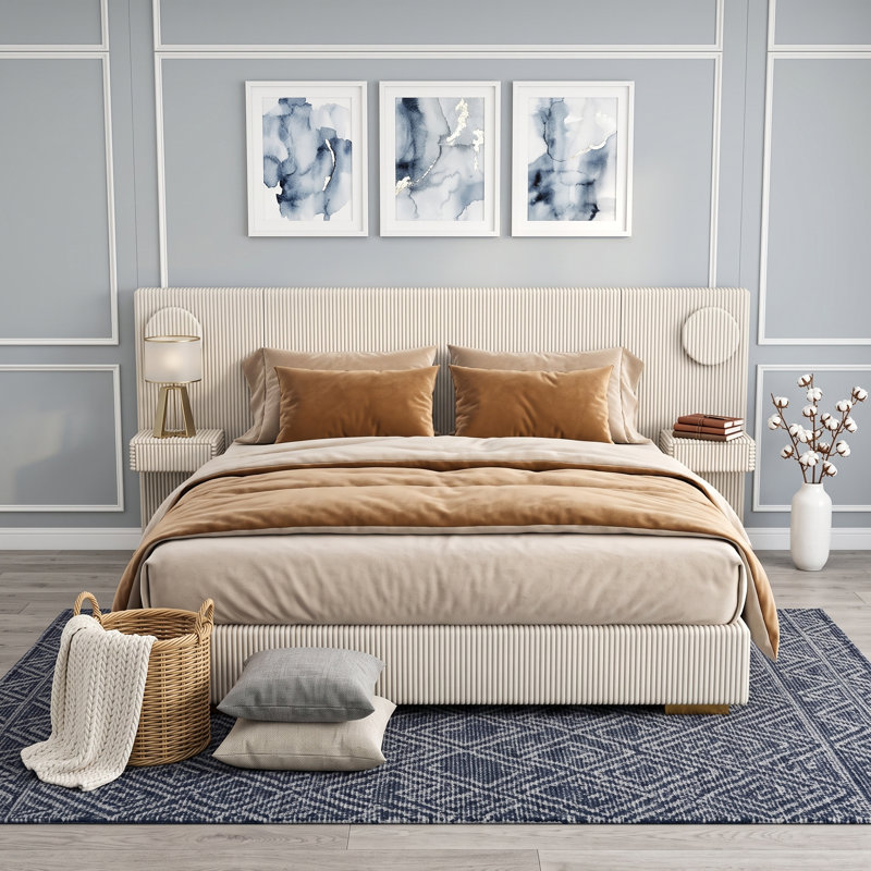 Lit plateforme tapissier avec tête de lit, lumières circulaires à DEL et ports de charge USB, Beige, Queen