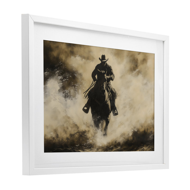 «Dusty Rodeo Cowboy», reproduction sous verre encadrée, design par Franklyn Gregory, H 14 po x l 20 po, Cadre blanc côtier