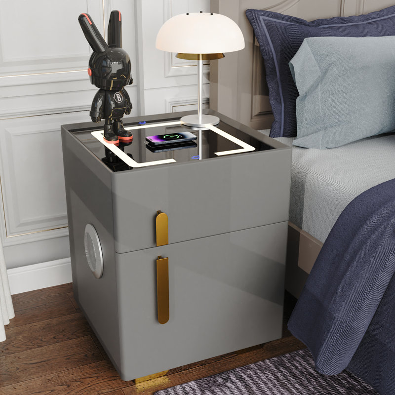 Table de chevet moderne à 1 tiroir avec coffre-fort, haut-parleur Bluetooth, recharge sans fil et éclairage à DEL (pré-assemblé)