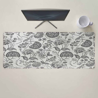 Boho Grey Floral Mouse Pad Gaming Desk Mat for Keyboard and Mouse, Vintage Farmhouse Paisley Plant Leaf Large Mouse Pad with Non-Slip Base, Decorative Mousepad for Game Office Home, 11.8 x 27.56 inComes with a pure white mug