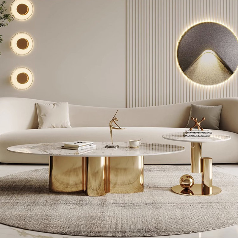 Table basse moderne et ovale haut de gamme, H 15,7 po x L 55 po x P 27,5 po, Brun / blanc / or