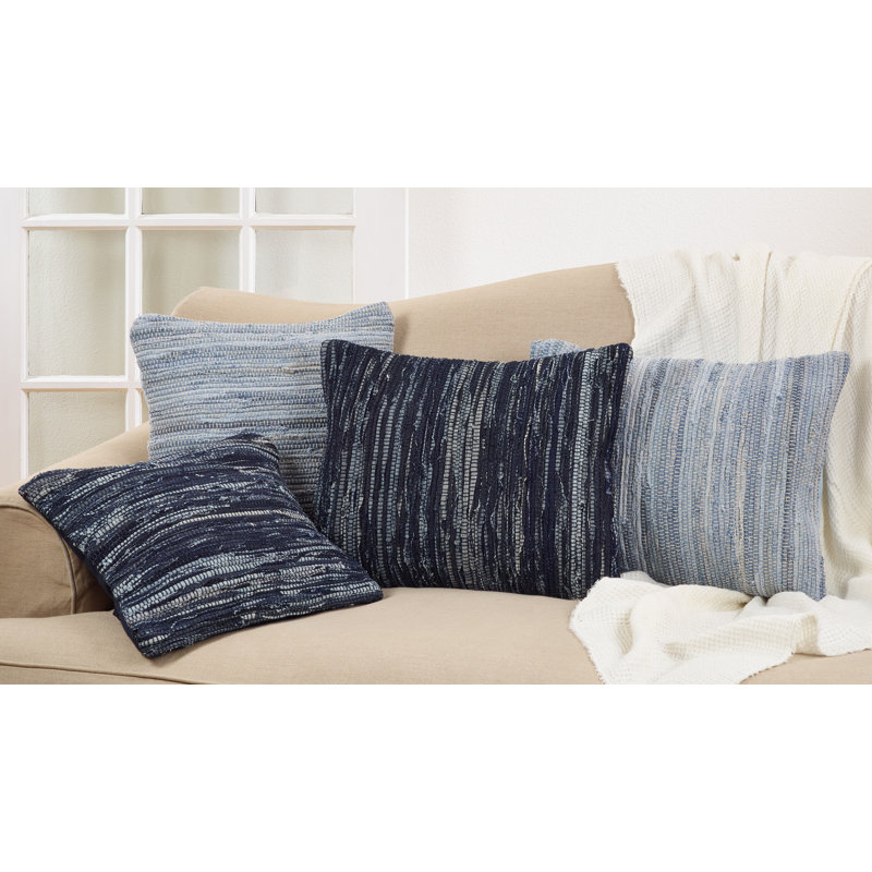 Small Denim Blue Rectangular Down Filled Chindi Throw Pillow