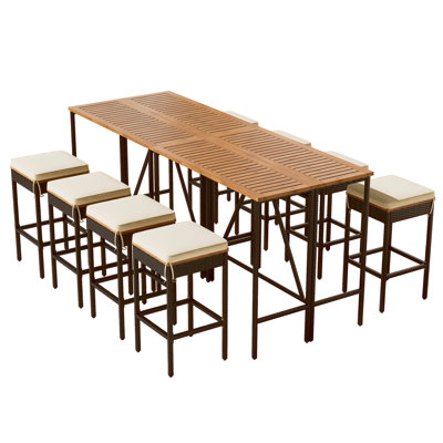 Table de bar d'extérieur en bois d'acacia 10 pièces et huit tabourets avec coussins, table de salle à manger en osier de rotin de jardin, plateau de table pliable, ensemble bistro pour salle à manger haute, meubles de patio toutes saisons, brun