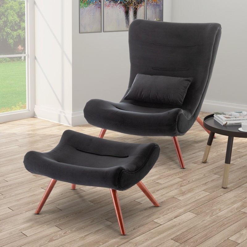 Bertita Upholstered Accent Chair with Footstool, Black