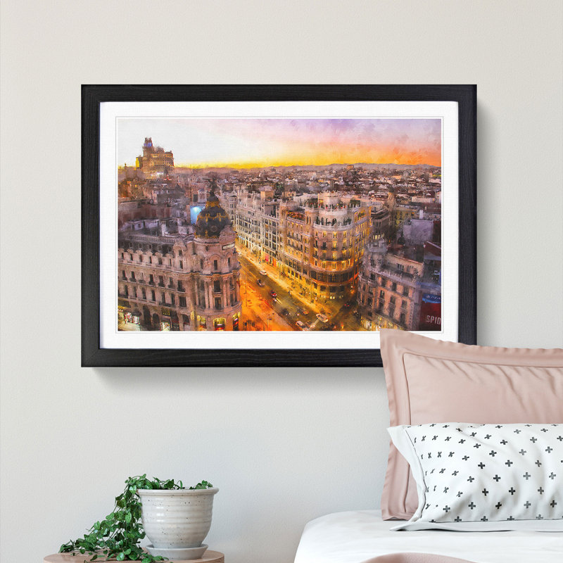 Calle Gran Via in Madrid Spain - Picture Frame Graphic Art Print, 33cm H x 45cm W x 2cm D, Black Framed