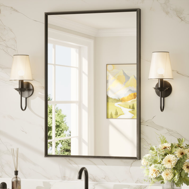 Miroir de salle de bain avec cadre en aluminium et verre trempé, 36 po x 24 po, Noir mat, Rectangulaire