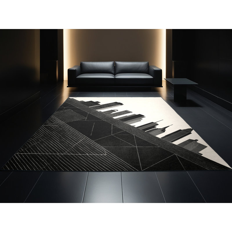 Machine Washable Paizlei Chicago Skyline Modern & Contemporary Geometric Rug in Gray – Black Binding, 7x10