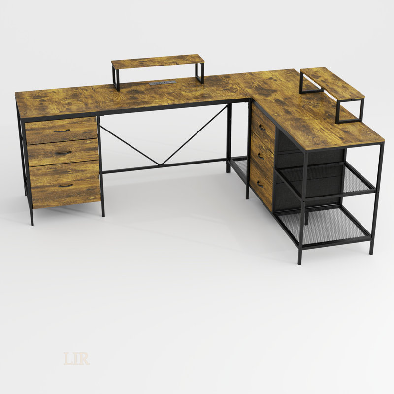 114 Inch L-Shaped Desk With Power Outlets & USB-C, Industrial Computer Desk With 6 Fabric Drawers, 3 Open Shelves & Movable Monitor Stands, Large Corner Office Desk For Gaming And Work
