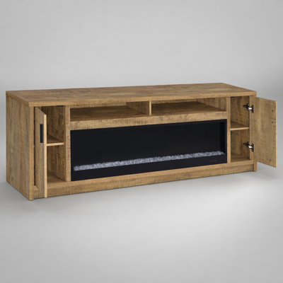Meuble télé foyer en bois de manguier rustique avec visualiseur de flamme personnalisable et grand espace de rangement multimédia
