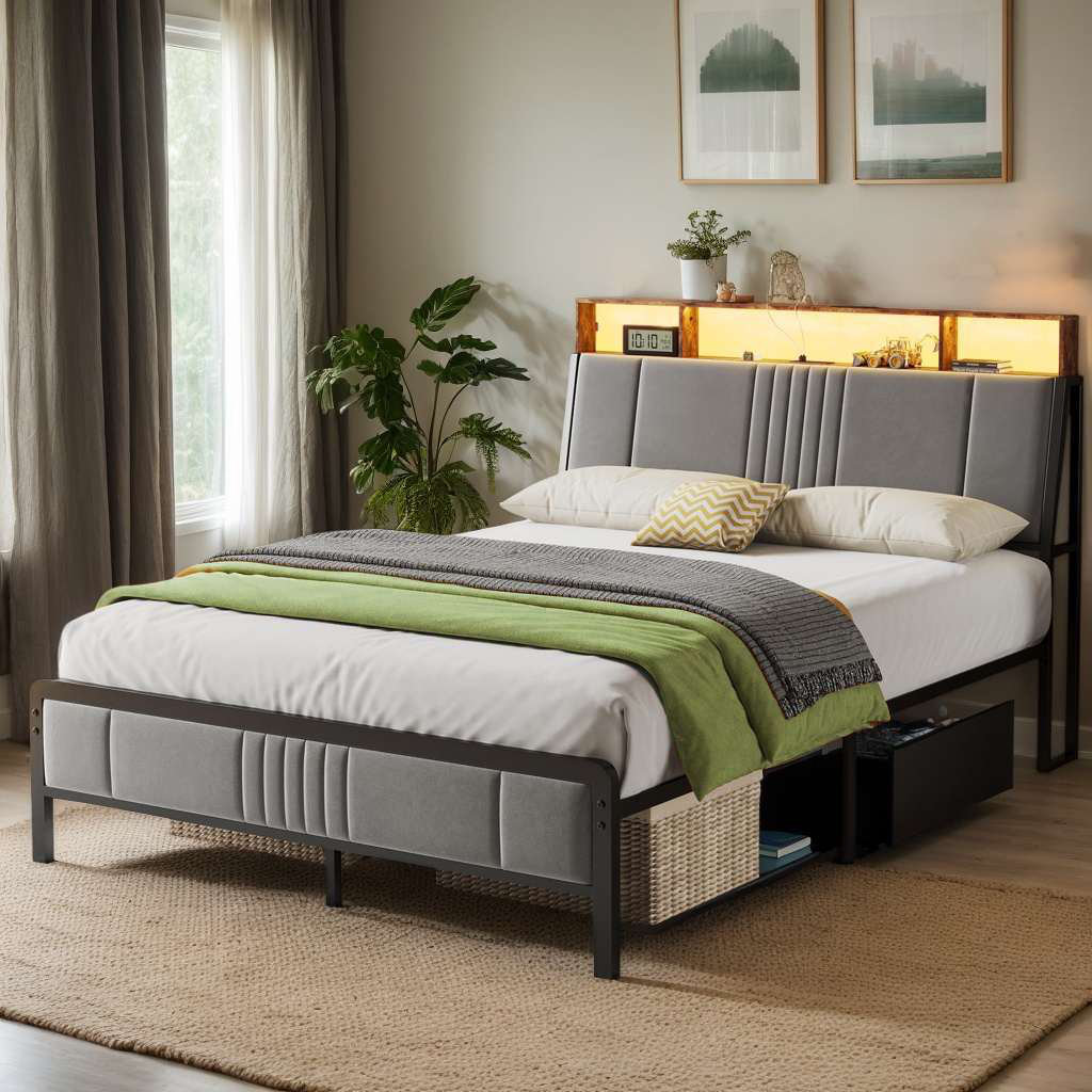 17 Stories Bed Frame With Upholstered Headboard And 2-Tier Storage ...