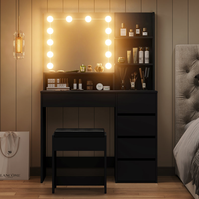 Ensemble de coiffeuse avec miroir à lumière DEL et 5 tiroirs, ensemble de coiffeuse avec tabouret pour chambre Shylo