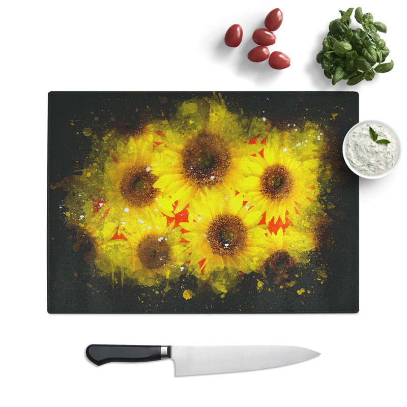 Tempered Glass Wall of Sunflowers Paint Splash Chopping Board, 20 cm x 28.5 cm